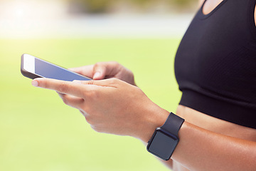 Image showing Exercise, smartwatch and woman with phone on fitness app for outdoor workout. Technology, innovation and sports on smartphone with data and digital information for health and wellness while training.