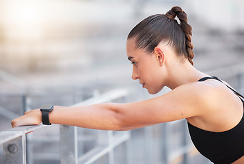 Image showing Workout relax, thinking sports and woman with fitness idea, training for motivation and running in the city for cardio. Athlete runner doing exercise for health and rest after sport race at stadium