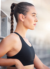 Image showing Fitness, sports and a woman serious about health on outdoor path. Thinking, focus and concentration on exercise and motivation to workout. Sporty lady outside, relax in the morning and free to run.