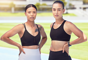 Image showing Fitness, workout and exercise friends outdoor on a sports track, stadium or arena with healthy body. Women with motivation and focus after cardio training and looking strong, wellness and slim