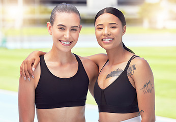 Image showing Sports, fitness and portrait of happy athletes doing outdoor cardio training exercise at a field. Women friends with a wellness, workout and wellness lifestyle exercising outside on a running track.