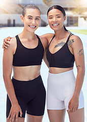 Image showing Women, fitness and track runner teamwork with sprint motivation, wellness and health goals. Portrait, smile or happy sports friends in collaboration for training, workout and stadium running exercise