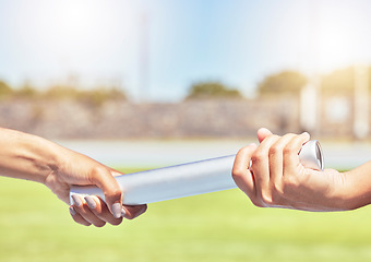 Image showing Fitness, hands and relay for athletics of people in teamwork for running competition, sports and exercise. Hand of fit athlete team passing baton in athletic sport for healthy training in nature