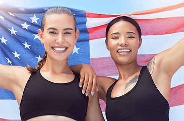 Image showing American flag, women and athlete portrait smile, freedom and justice patriotic symbol for female athletes. Teamwork, collaboration and sports girls with flag for global competition contest.