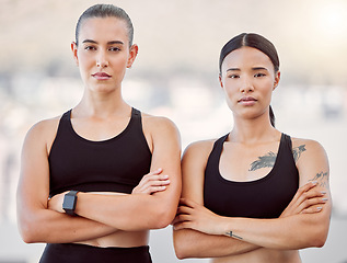 Image showing Team of sports runner women in leadership, success and partnership for fitness, health and workout training together. Marathon and cardio exercise girl athlete friends in solidarity and collaboration