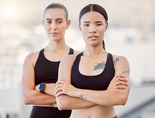 Image showing Fitness women, accountability friends and exercise outside with training partner or runners outside for cardio workout. Portrait of serious active girls out running for health, wellness and fit body
