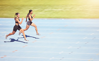 Image showing Sports race, running stadium and women with energy for sport event, training fast for win and doing fitness marathon together. Athlete runner with power, mockup and speed in cardio field competition