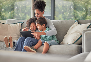 Image showing Mom, kids and tablet on sofa watching educational movie streaming online in living room. Education, love and entertainment, family time on internet or video call with happy woman and excited children