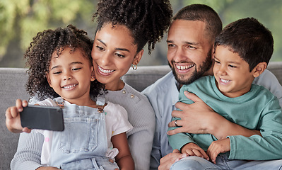 Image showing Child with smartphone for family portrait selfie on sofa with mother and father for social media or online digital gallery. Happiness, love and quality time with mother, father and kid taking picture