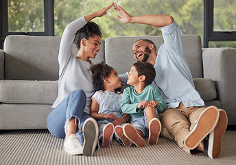 Image showing Family, children and insurance with a mother and father covering their kids with a roof for safety, care and trust. House, parents and love with a girl and boy being protected by mom and dad at home