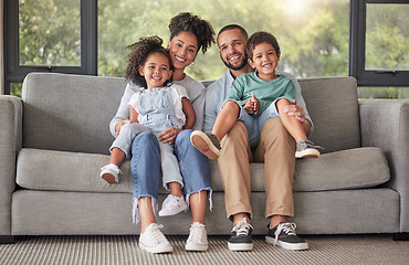 Image showing Happy family on sofa and portrait in their living room with lens flare for wellness, child development and quality time at home. Smile, love and care of interracial mother, father and kids on couch