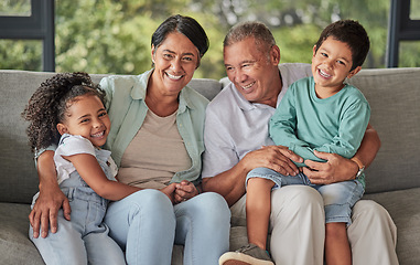 Image showing Portrait of happy family love, grandparents and kids bonding, relax on living room sofa and enjoy quality time together. Happiness, peace and Malaysia man and woman babysitting grandkids or children