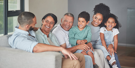 Image showing Funny family, sofa love and grandparents in comic conversation with children, happy on couch together and smile in living room. Children and parents in communication with elderly people in home