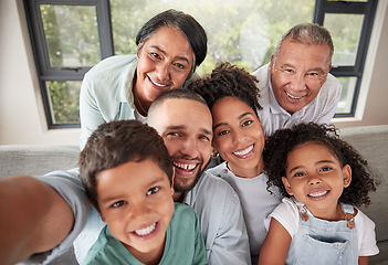 Image showing Selfie, family and children with kids, parents and grandparents taking a photograph at a visit in their home. Face, happy and smile with a grandmother, grandfather and relatives posing for a picture