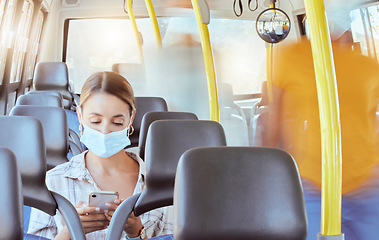 Image showing Bus travel, covid woman and phone typing for social media, reading notification and 5g online mobile tech in transport journey. Young girl face mask rules, corona virus safety and smartphone on train