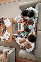 Image showing Family, children and video call with kids, parents and grandparents using a laptop on the sofa at home. Communication, wave and internet with a girl, boy and relatives in a living room from above