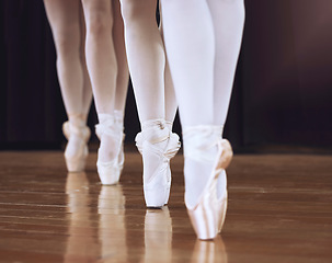 Image showing Ballet, fitness dancer and woman on theatre stage for dance workout, exercise and training creative art. Partnership, teamwork and zoom sport girl legs or ballerina women working together on concert.