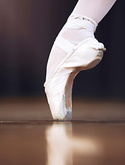 Image showing Ballet shoes and dance woman floor balance with flexible motion fitness footwear close up. Professional ballerina athlete training for performance with satin sport pumps for free movement.