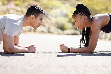Image showing Fitness, workout and challenge exercise of couple training cardio in a street together. Focus, motivation and teamwork or collaboration of a healthy sport athlete and coach on a road