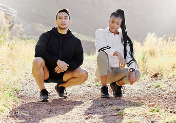 Image showing Interracial couple, fitness and nature in sports motivation and fashion for healthy outdoor exercise or workout. Portrait of fit confident asian man and black woman ready on hiking trail outdoors