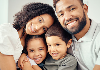 Image showing Portrait, selfie and happy family bonding, sharing a caring moment and posing for a picture while hug on a sofa at home. Adoption, care and foster child smiling and feeling loved by foster parents