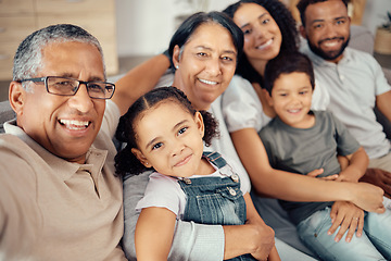 Image showing Selfie of children, parents and grandparents in family home, sitting on the sofa in living room. Portrait of happy, smiling and multicultural family taking a picture, bonding and having fun together