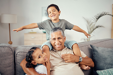 Image showing Grandkids, grandpa and play together in living room for love, care and relax in family home. Portrait of happy children, smile senior grandparent and bonding, laughing and enjoying funny quality time