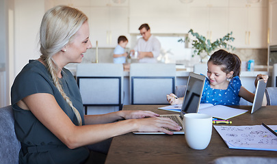 Image showing Family, children and education with a business woman working from home and her girl child doing homework. Remote work, kids and parents with a mother at work and her daughter learning for school