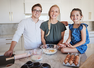 Image showing Family, kitchen and happy baking portrait for bonding time together with child in home. Young caucasian parents teaching daughter cooking preparation skill for a fun household activity.