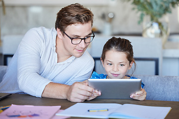 Image showing Education, learning and father and child on digital tablet, distance learning at tablet at home together. Happy, girl and parent bonding during homeschooling lesson, online educational program