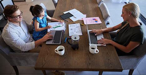 Image showing Parents and daughter being productive with remote work and homework, multitasking at table in their home. Startup, business owner and child doing online task in a busy house with little girl drawing