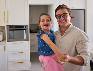 Image showing Happy family, dance and portrait of father and daughter dancing, bonding and laugh while playing in living room together. Love, fun and relax by girl and parent enjoying playful, silly time in home