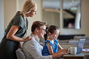 Image showing Elearning, laptop and family help child with education teaching and digital knowledge at home table together. Father, mother and kid watch funny virtual class, online education website for e learning