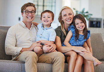 Image showing Parents, kids and family portrait in home lounge on sofa together to enjoy relax, bonding and fun quality time together. Happy parents, smile children and love with care, happiness and joy lifestyle