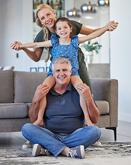 Image showing Mother, girl or grandfather in fun family portrait in house living room or home interior and bonding in playful game. Smile, happy or trust man and woman with children or kids on floor by lounge sofa