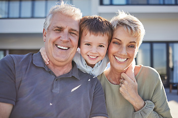 Image showing Portrait happy child and grandparents together outdoor with smile, love and bonding with as a family. Senior man and woman having fun, happiness and joy with cute boy or kid on a weekend in backyard