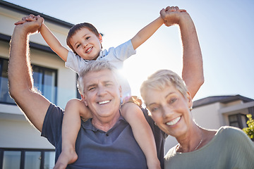 Image showing Happy grandparents, smile with child outside home and relax in retirement. Senior man, elderly woman and boy play in garden sun love time together. Kid on holiday, laughs and create childhood memory