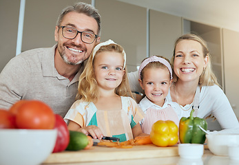 Image showing Family, health and kids with vegetables nutrition for healthy diet, minerals or vitamins on kitchen table at home. Portrait of happy parents and girls with food and veggies for growth and wellness.