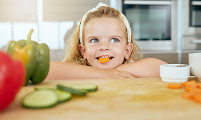 Image showing Healthy, nutrition and child wellness while cooking a healthy meal in a family home kitchen. Food, vegetable and eating vegetables in a house for a diet and vitamins for a balanced dinner or lunch