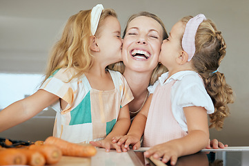 Image showing Happy, family and young girls kiss mother in joyful face, smile celebrating mothers day at home. Sisters kissing mom on the cheek in cute playful fun celebration for love and affection in the kitchen