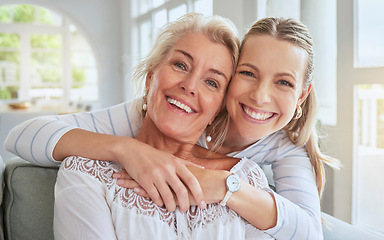 Image showing Women, hug and family bond on mothers day in a house living room and home interior. People portrait, smile and happy woman with senior and retirement elderly in trust, love and support on lounge sofa