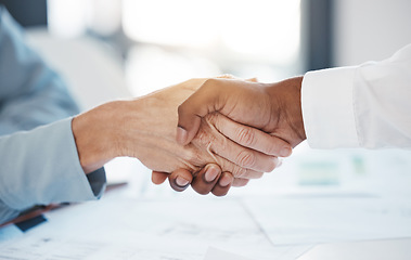 Image showing Business, deal and partnership handshake with diversity people shaking hands in new start b2b office negotiation. Hiring, closeup and hands of man and woman partner celebrate successful collaboration