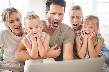 Image showing Family wow, streaming movie and kids with surprise at online email, shock at horror film on subscription service and notification on web on laptop. Parents and grandmother scared of news on tech