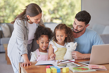 Image showing Family, children and education with a mother and father teaching their girl kids in the living room while doing homework. Study, learning and book with parents helping their daughter at home