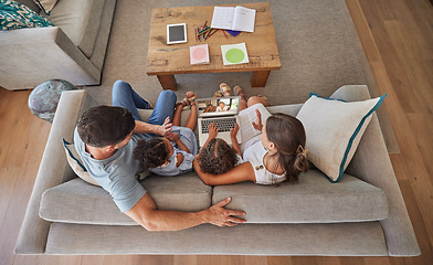 Image showing Family video call, web communication and grandparents talking from vacation to children and speaking on laptop from above. Top view of parents and kids in discussion with people on pc on the sofa.