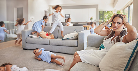 Image showing Stress, headache and mother with adhd kids running, jumping and playing in family home or house living room. Mental health, burnout or anxiety for parent with autism, energy and hyper active children