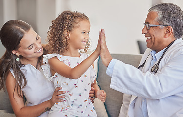 Image showing Family, medical and high five with girl and doctor in consulting hospital room for healthcare, trust and support. Communication, medicine and smile with pediatrician consultant with mom and child