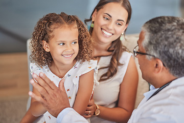Image showing Child doctor, pediatrician and high five with happy girl patient with mom parent during health checkup with healthcare insurance. Latino kid and woman celebrate with man gp in Puerto Rico hospital