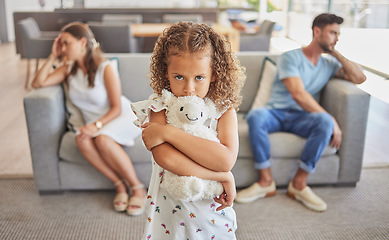 Image showing Sad girl, fighting parents thinking of divorce in living room and child scared family will separate. Depressed toxic home worry kid with support needs, upset mother and frustrated father in argument