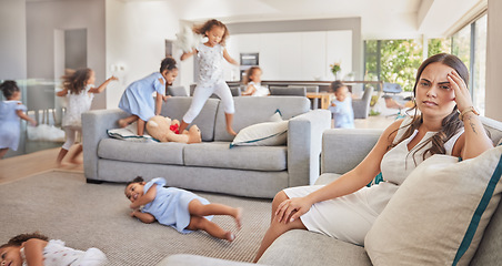 Image showing Stress, headache and children running, with mother in living room together with family, mental health and fatigue. Sad, tired and anxiety with mom on sofa while kids play in lounge for crazy or youth